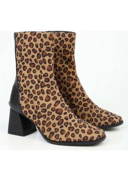 Kadın Lexi Leopar Kumaş Streç Fermuarlı Topuklu Bot fiyatları