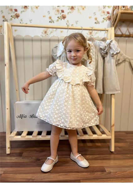 Çiçekli Karpuz Kol Kız Bebek Elbise Premium Seri %100 Keten Bej