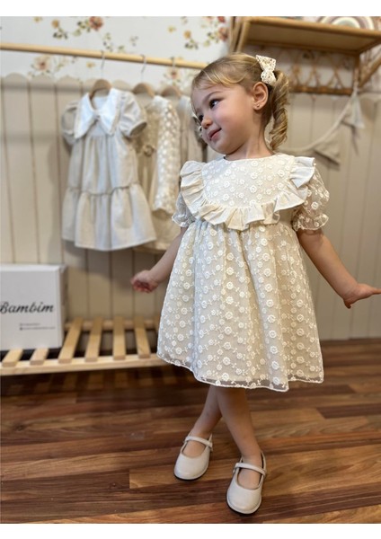 Çiçekli Karpuz Kol Kız Bebek Elbise Premium Seri %100 Keten Bej