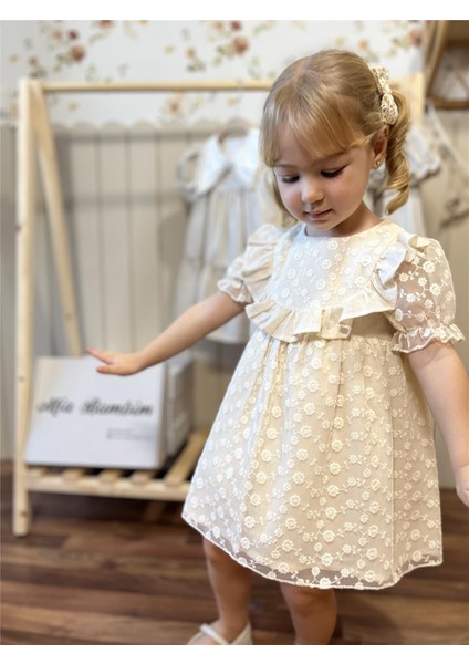 Çiçekli Karpuz Kol Kız Bebek Elbise Premium Seri %100 Keten Bej