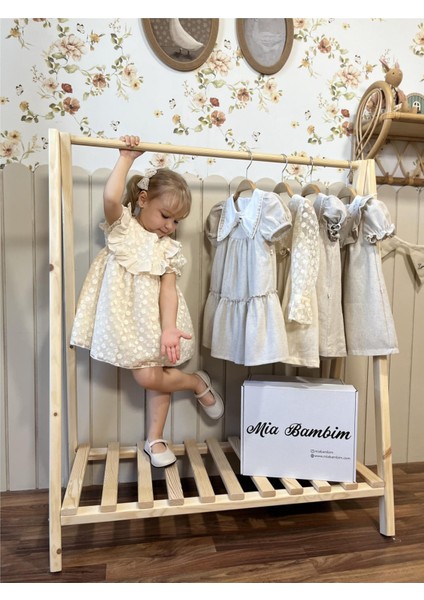 Çiçekli Karpuz Kol Kız Bebek Elbise Premium Seri %100 Keten Bej