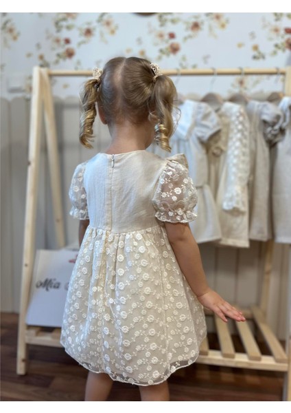 Çiçekli Karpuz Kol Kız Bebek Elbise Premium Seri %100 Keten Bej