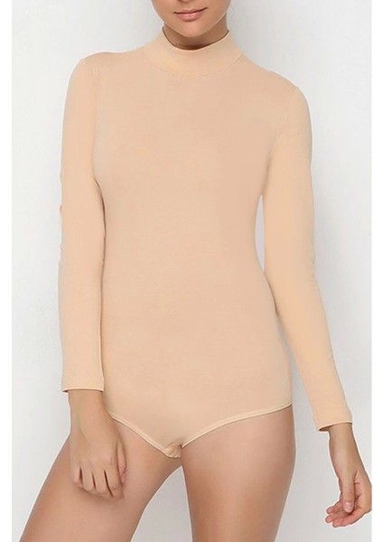 Kadın Ten Rengi Uzun Kol Boğazlı Çıtçıtlı Body