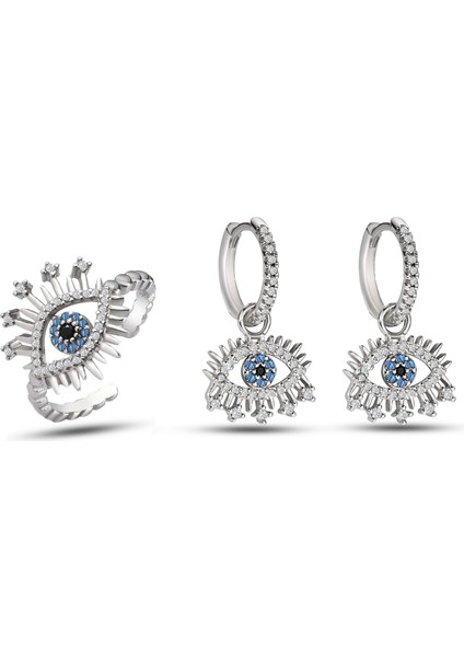 Kirpikli Göz Nazar Model Takı Set, Tamamı 925 Ayar Gümüş, Kadın, Kübik Zirkon Taşlı