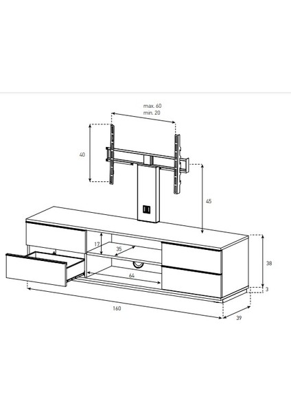 Lba 164 39'' - 65'' 160 cm Tekerlekli ve Askılı Monte LCD & LED Televizyon Sehpası