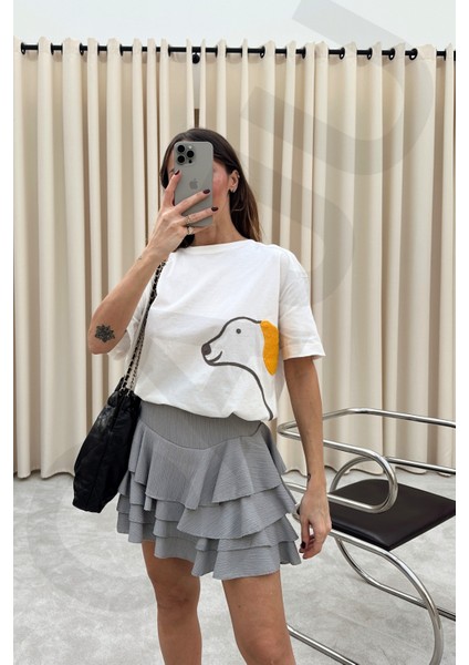 Kadın Dört Katılı Beli Lastikli Fırfırlı Kloş Mykonos Mini Etek