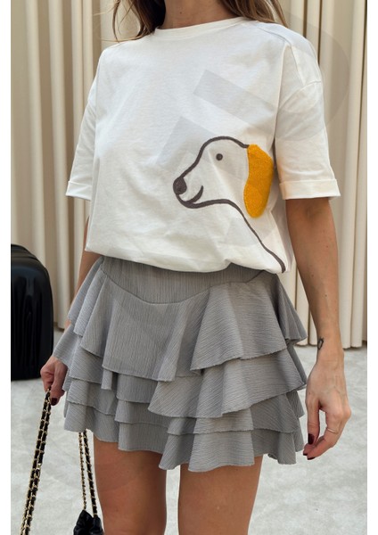 Kadın Dört Katılı Beli Lastikli Fırfırlı Kloş Mykonos Mini Etek indirimleri