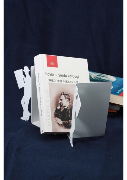 Gazete Okuma Desenli Metal Kitap Desteği - Kitap Tutucu - Ev ve Ofis Dekoratif Aksesuar (2 Li Set) Beyaz fiyatları