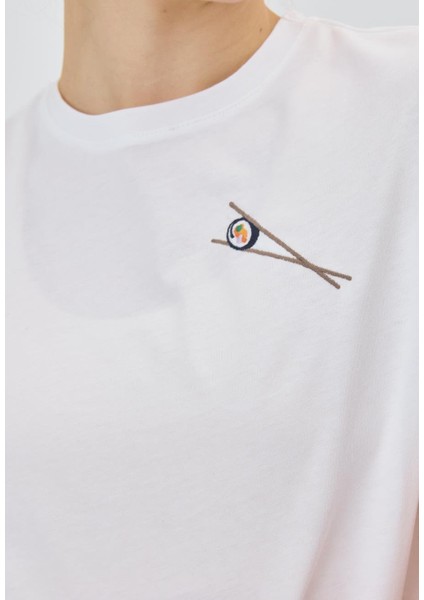 Kadın Chopstick Baskılı Beyaz T-Shirt indirimleri