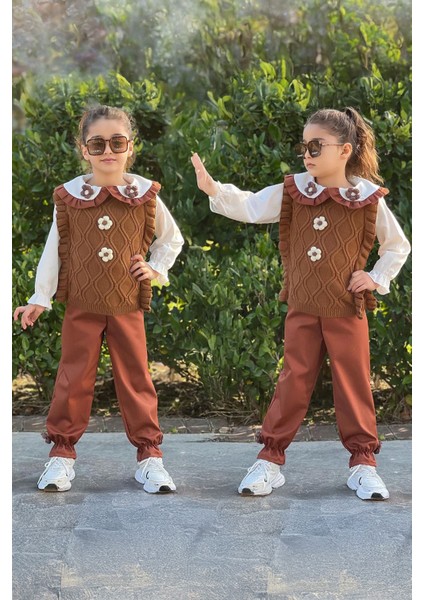 Papatya Örgü Detaylı Süveterli Kız Çocuk 3 lü takım - Kahve