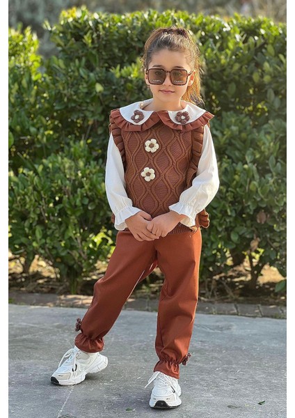 Papatya Örgü Detaylı Süveterli Kız Çocuk 3 lü takım - Kahve fiyatları
