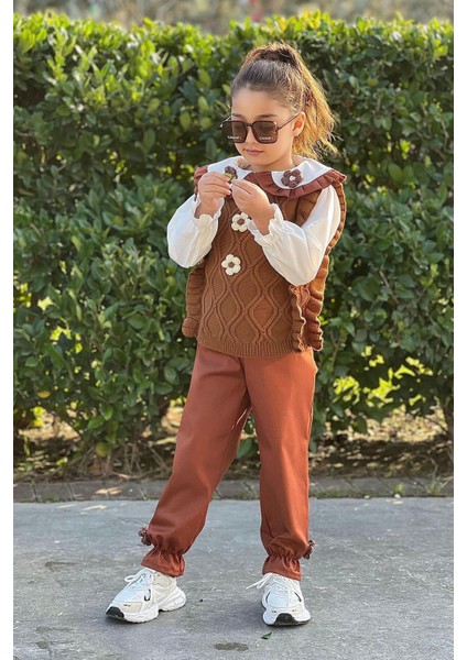 Papatya Örgü Detaylı Süveterli Kız Çocuk 3 lü takım - Kahve modelleri
