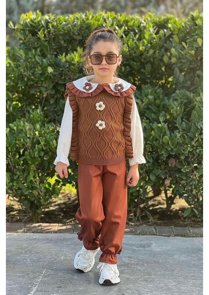 Papatya Örgü Detaylı Süveterli Kız Çocuk 3 lü takım - Kahve fırsatları