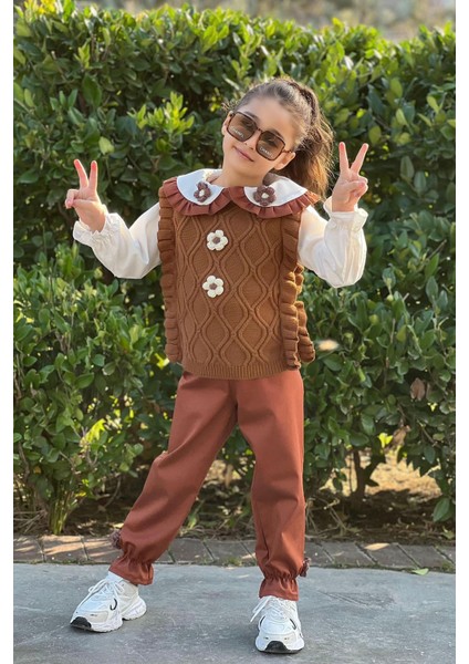 Papatya Örgü Detaylı Süveterli Kız Çocuk 3 lü takım - Kahve indirimleri