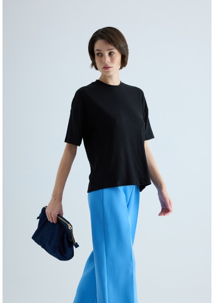 Kadın Siyah Renk Basic Kaşkorse Bisiklet Yaka T-Shirt modelleri