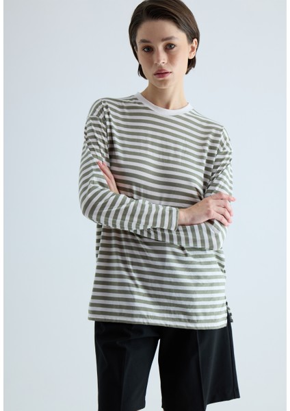 Kadın Haki Çizgili Uzun Kollu T-Shirt