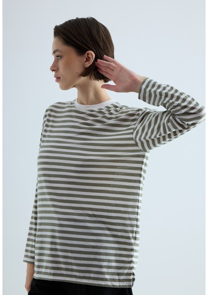 Kadın Haki Çizgili Uzun Kollu T-Shirt fiyatları