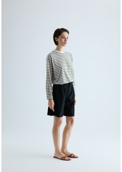 Kadın Haki Çizgili Uzun Kollu T-Shirt indirimleri