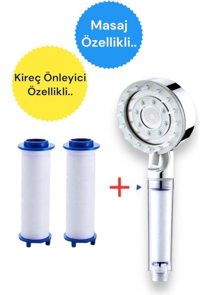 2 Adet Yedek Filtreli Su Tasarruflu Kireç Önleyici Beyaz Masajlı Duş Başlığı