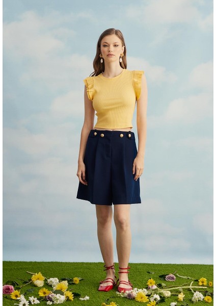 Kadın Kolları Fırfırlı Sarı Sıfır Kol Crop T-Shirt fırsatları