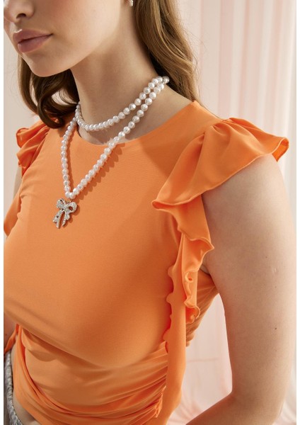 Kadın Orange Renk Kolları Fırfırlı Sıfır Kol T-Shirt modelleri