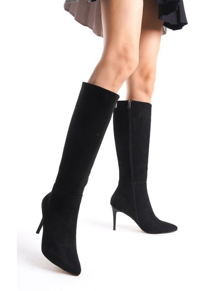 Ilibri Siyah Süet Ince Topuklu Klasik Çizme