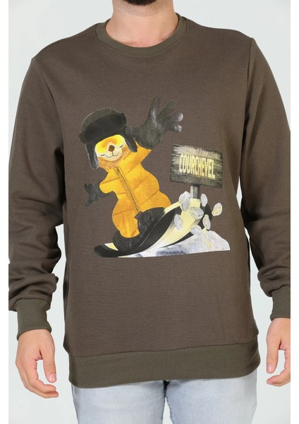 Erkek Bisiklet Yaka Baskılı Sweatshirt