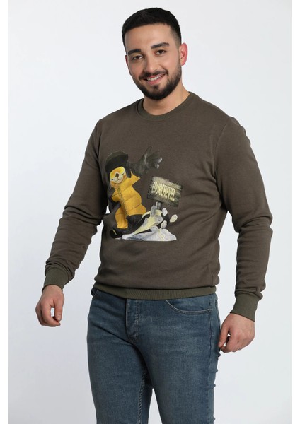 Erkek Bisiklet Yaka Baskılı Sweatshirt