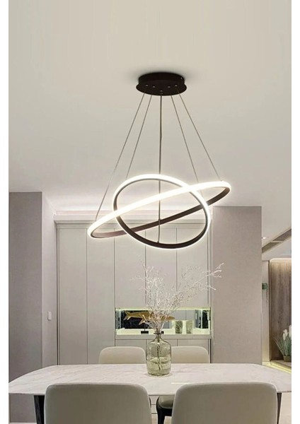 Rings Modern Tasarım Siyah Renk - Yatak Odası - Salon - Çocuk Odası - Mutfak Beyaz LED 2 Li Avize