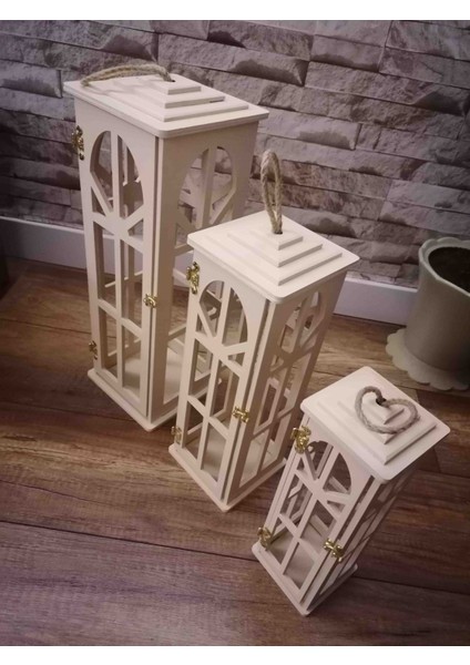 3'lü Ahşap Fener Mumluk Model-1 (Bej)