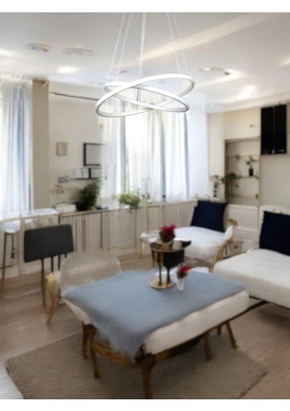 Rings Modern Tasarım Beyaz Renk - Yatak Odası - Salon - Çocuk Odası - Mutfak Beyaz LED 2 Li Avize