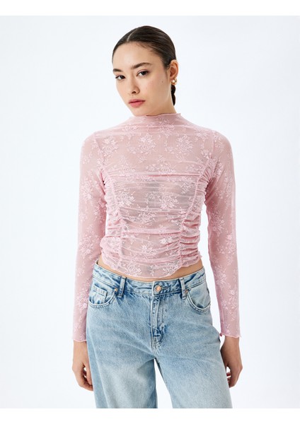 Drapeli Slim Fit Uzun Kollu Dantelli Tişört