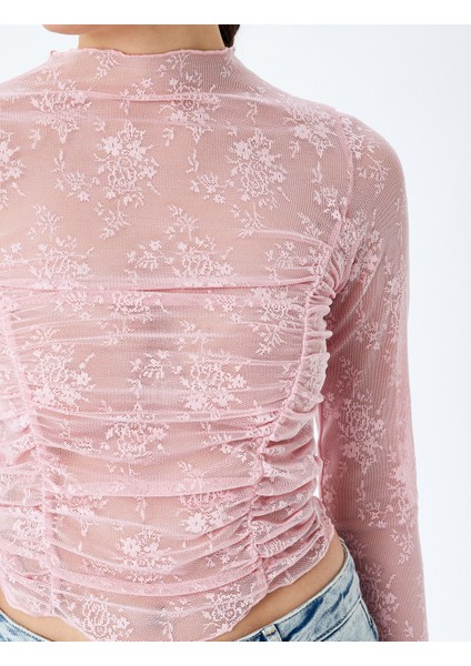 Drapeli Slim Fit Uzun Kollu Dantelli Tişört