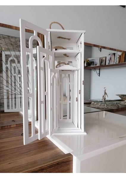 3'lü Ahşap Fener Mumluk Model-2 (Beyaz) modelleri