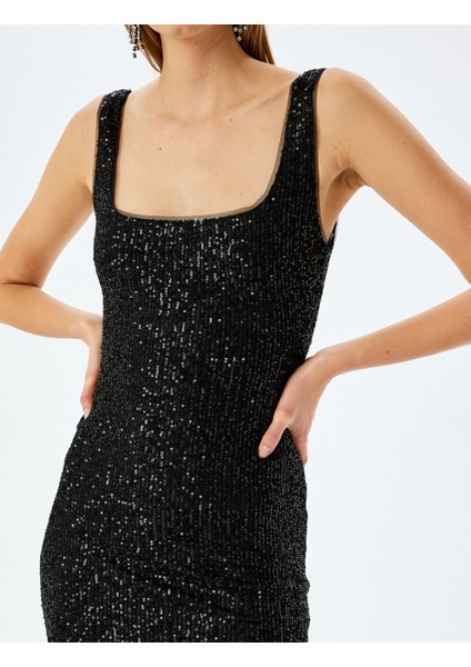 Tüy Detaylı Payetli Kare Yaka Kolsuz Mini Elbise indirimleri