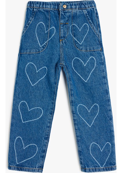 Kalp Desenli Cep Detaylı Pamuklu Denim Pantolon