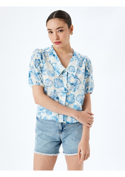 Balon Kol Çiçekli Düğmeli Crop Oversize Gömlek