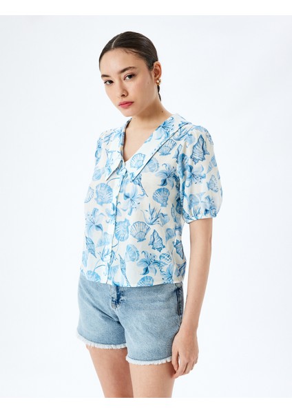Balon Kol Çiçekli Düğmeli Crop Oversize Gömlek