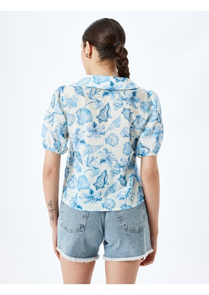 Balon Kol Çiçekli Düğmeli Crop Oversize Gömlek