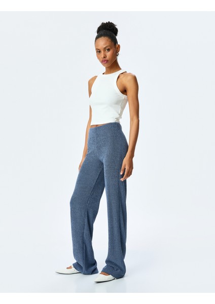 Slim Fit Dokulu Yüksek Bel Bol Paça Pantolon