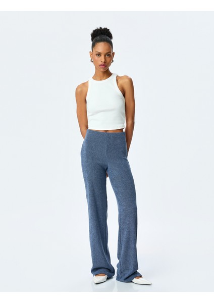 Slim Fit Dokulu Yüksek Bel Bol Paça Pantolon