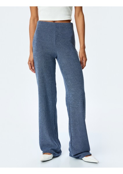 Slim Fit Dokulu Yüksek Bel Bol Paça Pantolon