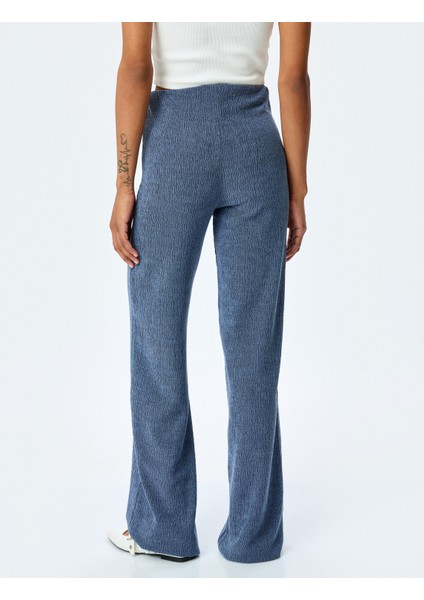 Slim Fit Dokulu Yüksek Bel Bol Paça Pantolon