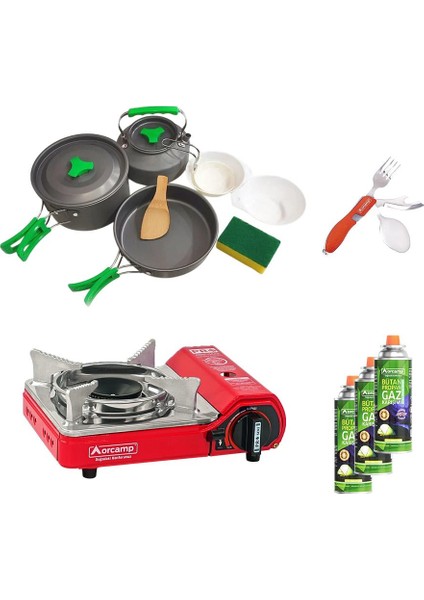 Tekli Mini Portatif Ocak Kırmızı+3 Parça Tencere Seti+Çatal Kaşık Bıçak Kırmızı+3 Adet Kartuş ORC-013-F1