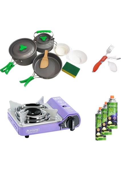 Tekli Mini Portatif Ocak Mor+3 Parça Tencere Seti+Çatal Kaşık Bıçak Kırmızı+3 Adet Kartuş ORC-014-F1