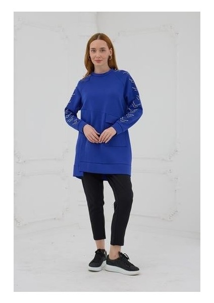 Moodbasıc Kolları Çakma Taşlı Önü Cepli Sweatshırt