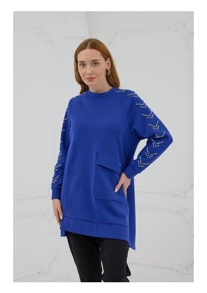 Moodbasıc Kolları Çakma Taşlı Önü Cepli Sweatshırt