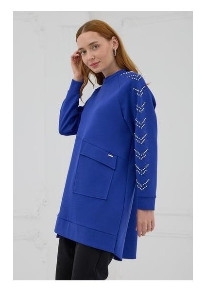 Moodbasıc Kolları Çakma Taşlı Önü Cepli Sweatshırt