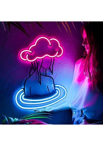 Rainy Girl - Modern & Endüstriyel Neon LED Duvar Dekoru, 50X40CM, Pembe/buz Mavi Led, 12V Adaptör