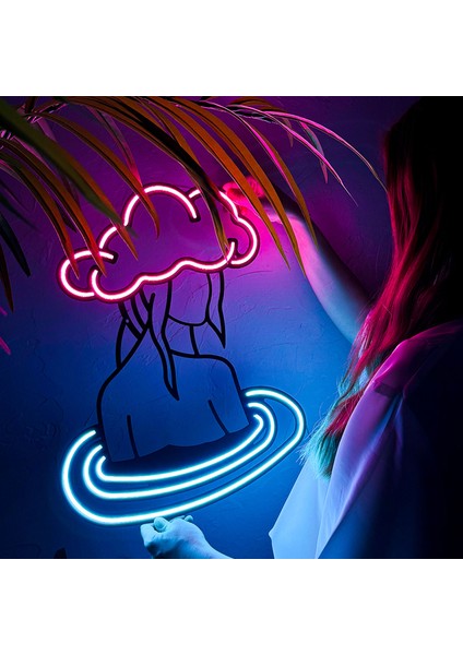 Rainy Girl - Modern & Endüstriyel Neon LED Duvar Dekoru, 50X40CM, Pembe/buz Mavi Led, 12V Adaptör